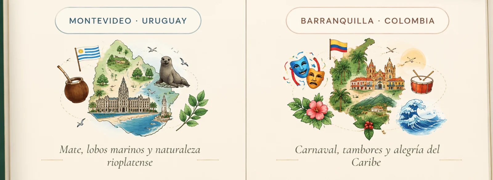 Ilustración en acuarela de Uruguay y Barranquilla, Colombia, con sus elementos culturales